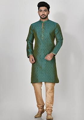 Green Embroidered Silk Kurta Set For Men