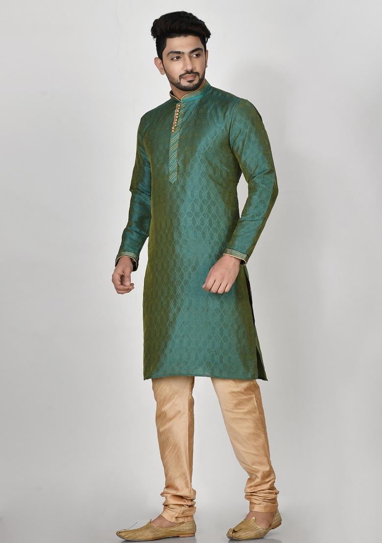 Green Embroidered Silk Kurta Set For Men
