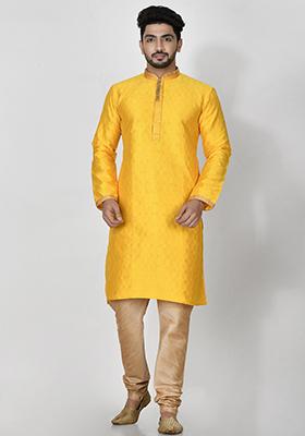 Yellow Embroidered Silk Kurta Set For Men