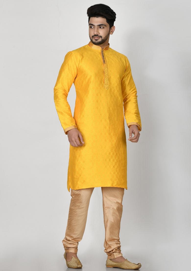 Yellow Embroidered Silk Kurta Set For Men