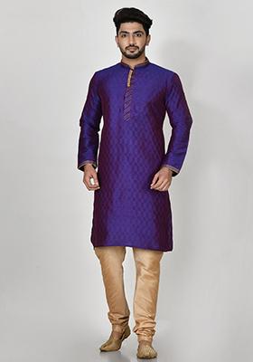 Purple Embroidered Silk Kurta Set For Men