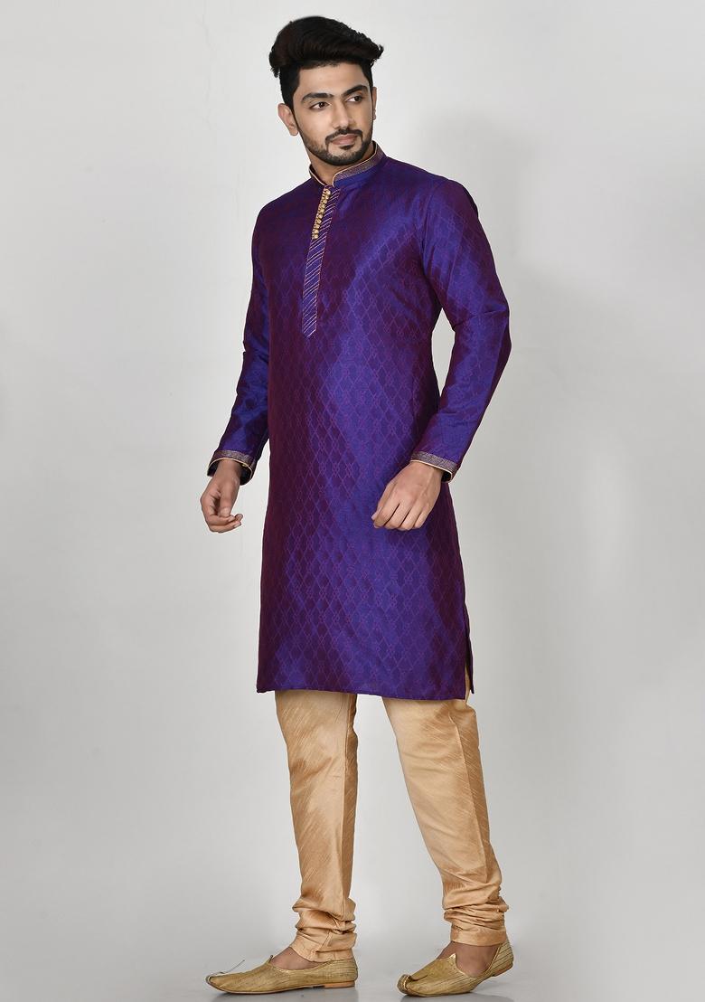 Purple Embroidered Silk Kurta Set For Men