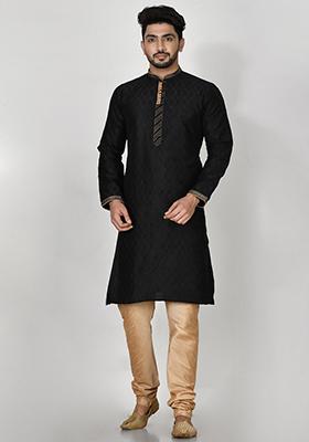 Black Embroidered Silk Kurta Set For Men