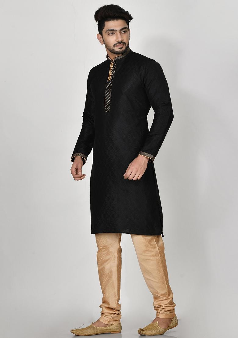 Black Embroidered Silk Kurta Set For Men