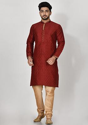 Maroon Embroidered Silk Kurta Set For Men