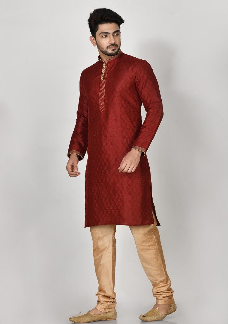 Maroon Embroidered Silk Kurta Set For Men