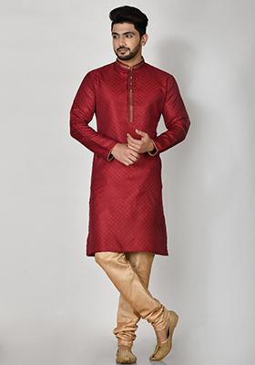 Maroon Embroidered Silk Kurta Set For Men