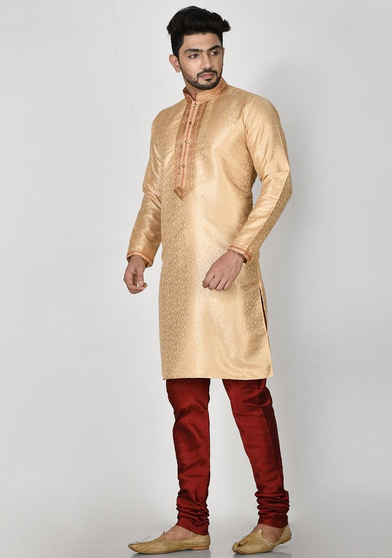 Cream Embroidered Silk Kurta Set For Men