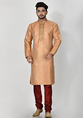 Peach Embroidered Silk Kurta Set For Men