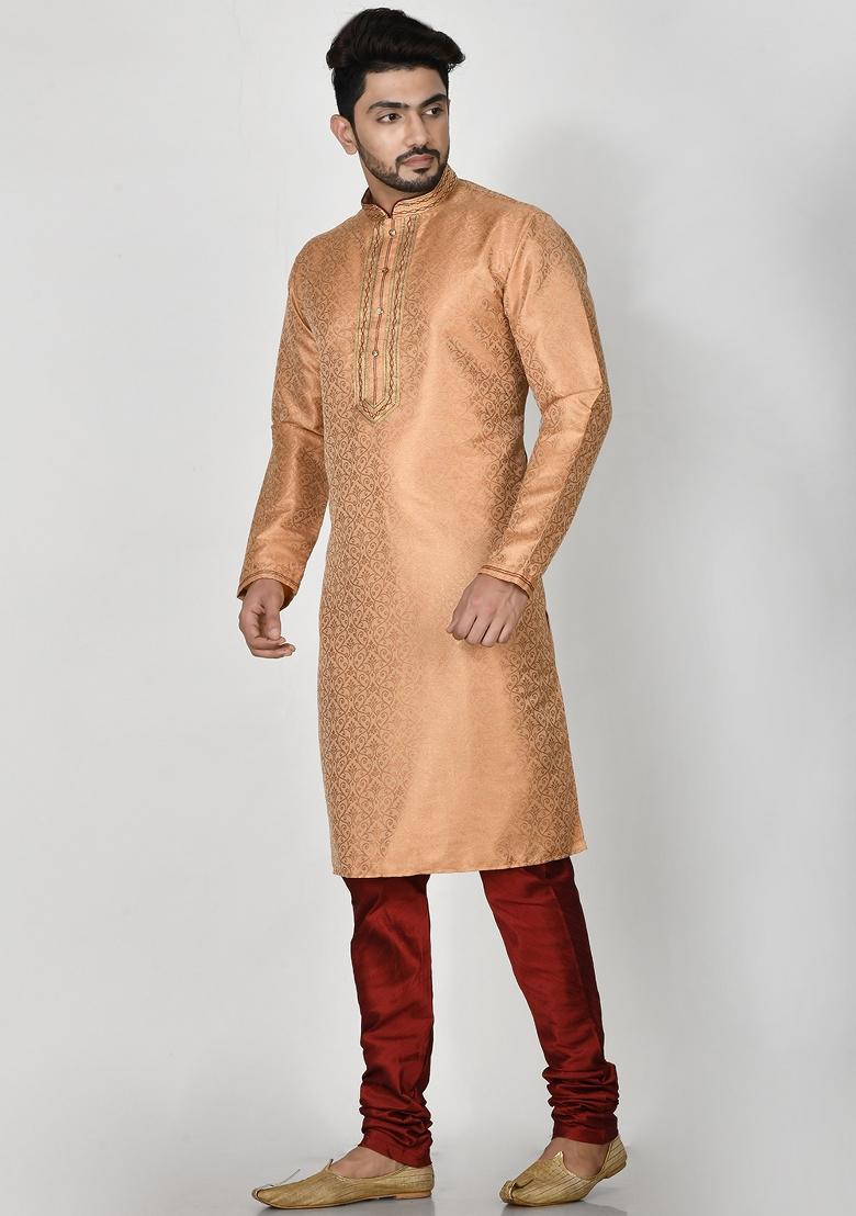 Peach Embroidered Silk Kurta Set For Men
