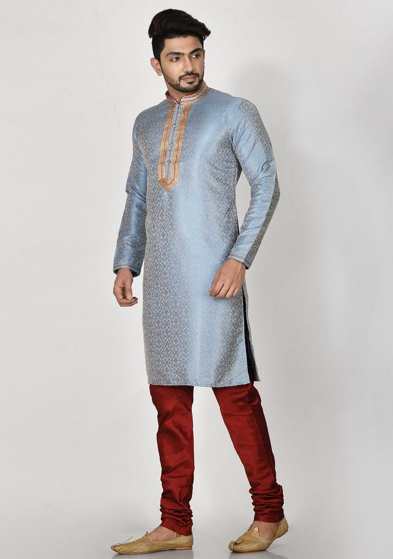 Firozi Embroidered Silk Kurta Set For Men