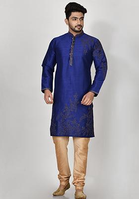 Blue Embroidered Silk Kurta Set For Men