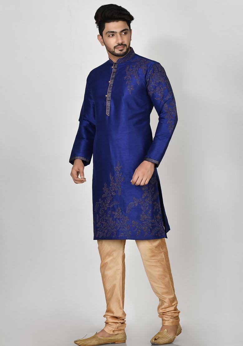 Blue Embroidered Silk Kurta Set For Men