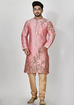 Pink Embroidered Silk Kurta Set For Men
