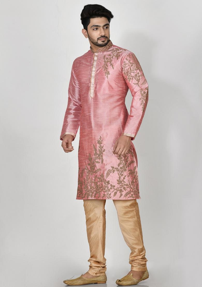 Pink Embroidered Silk Kurta Set For Men