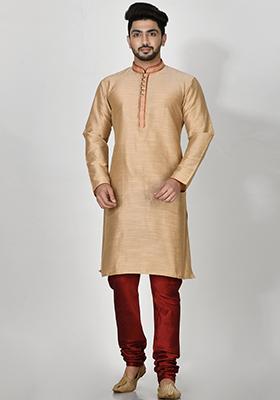 Gold Embroidered Cotton Blend Kurta Set For Men