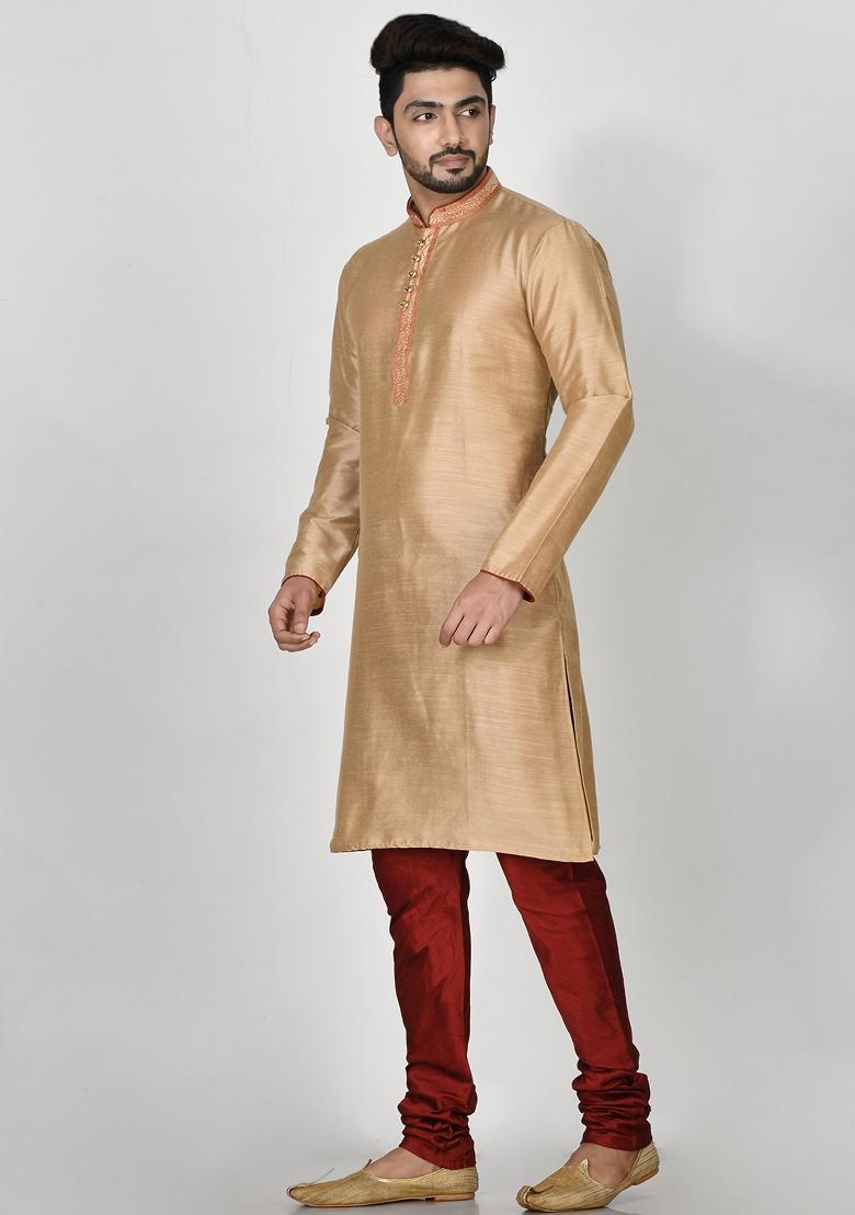 Gold Embroidered Cotton Blend Kurta Set For Men