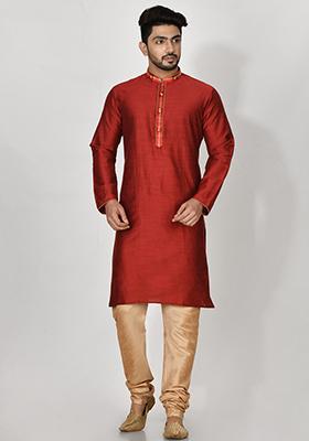 Maroon Embroidered Cotton Blend Kurta Set For Men