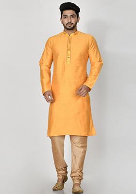 Yellow Embroidered Cotton Blend Kurta Set For Men