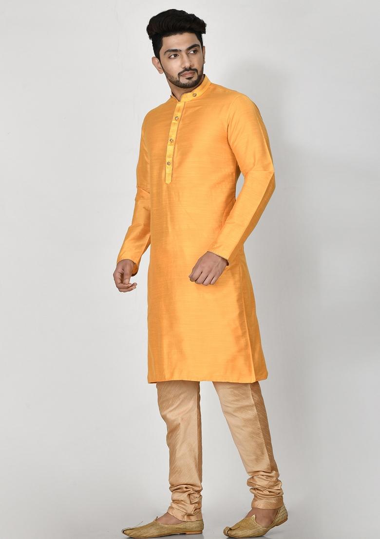 Yellow Embroidered Cotton Blend Kurta Set For Men