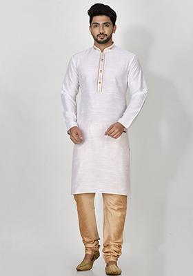 Off White Embroidered Cotton Blend Kurta Set For Men