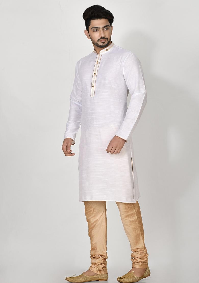 Off White Embroidered Cotton Blend Kurta Set For Men