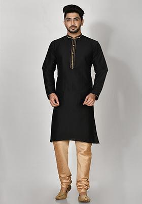 Black Embroidered Cotton Blend Kurta Set For Men