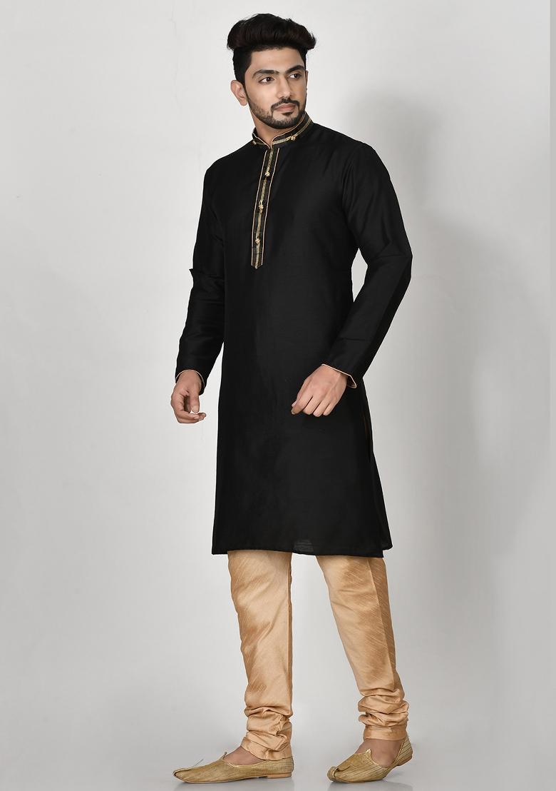 Black Embroidered Cotton Blend Kurta Set For Men