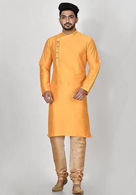 Yellow Embroidered Cotton Blend Kurta Set For Men