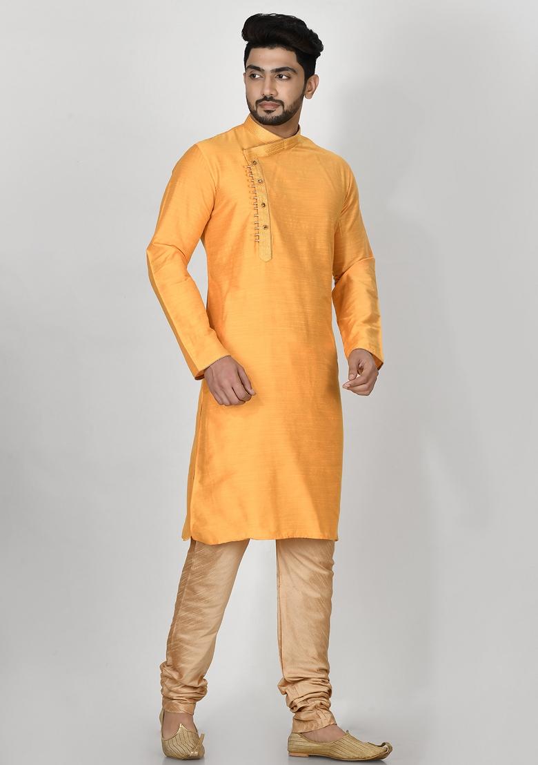 Yellow Embroidered Cotton Blend Kurta Set For Men