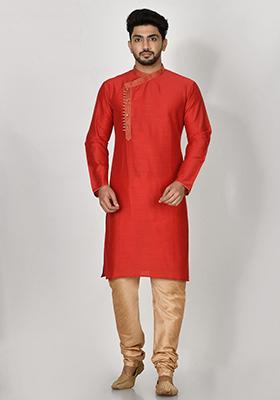 Maroon Embroidered Cotton Blend Kurta Set For Men