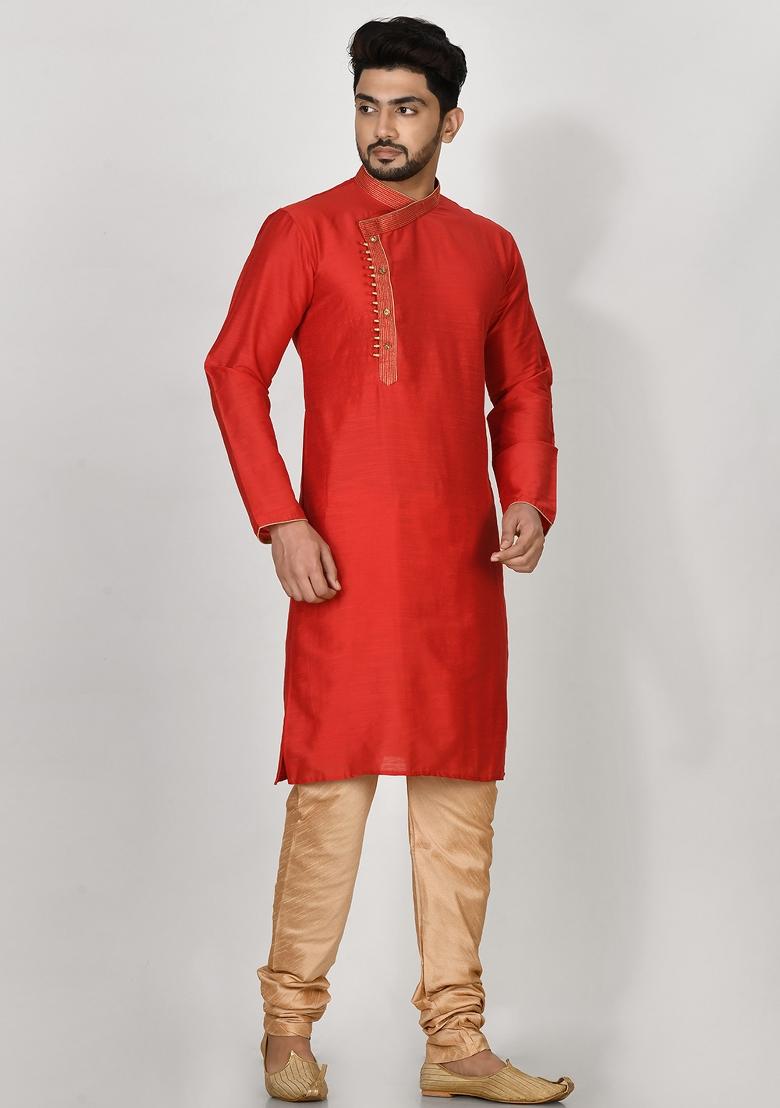 Maroon Embroidered Cotton Blend Kurta Set For Men