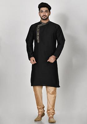 Black Embroidered Cotton Blend Kurta Set For Men