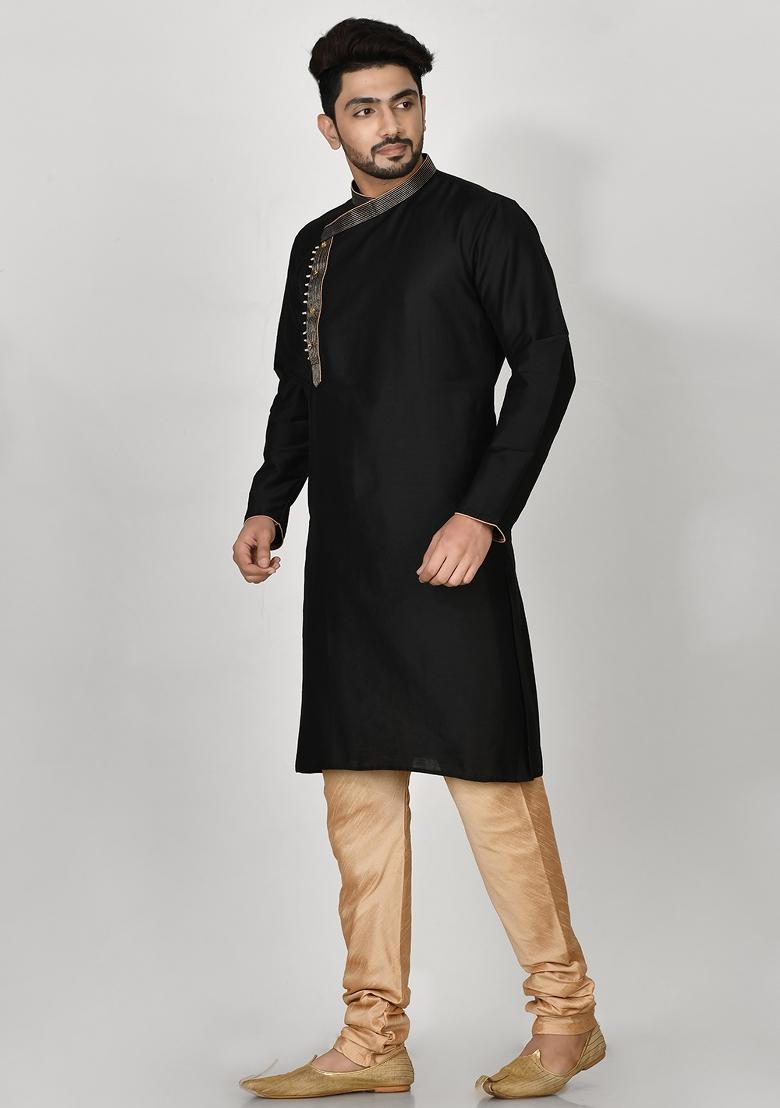 Black Embroidered Cotton Blend Kurta Set For Men