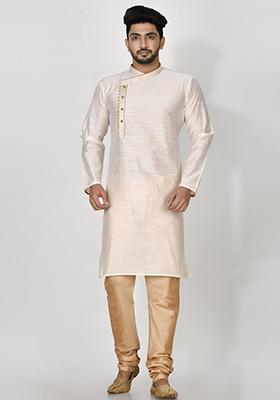 Cream Embroidered Cotton Blend Kurta Set For Men
