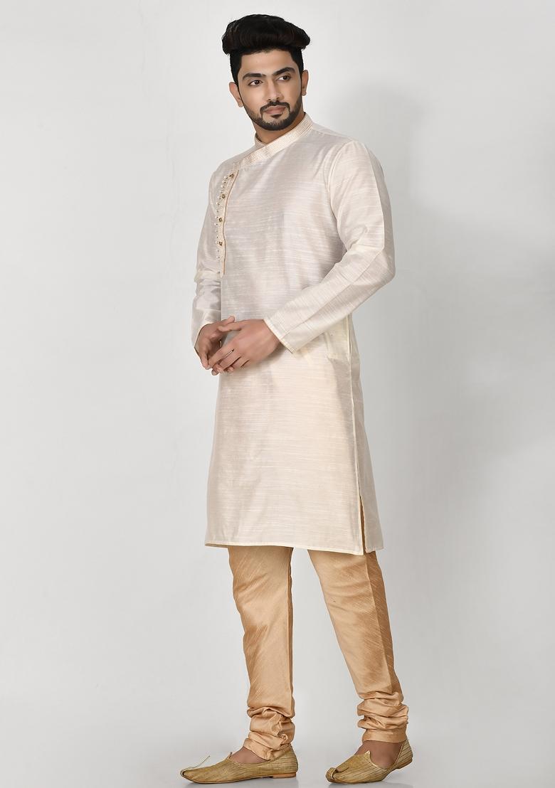 Cream Embroidered Cotton Blend Kurta Set For Men