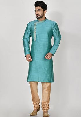 Turquoise Blue Embroidered Cotton Blend Kurta Set For Men