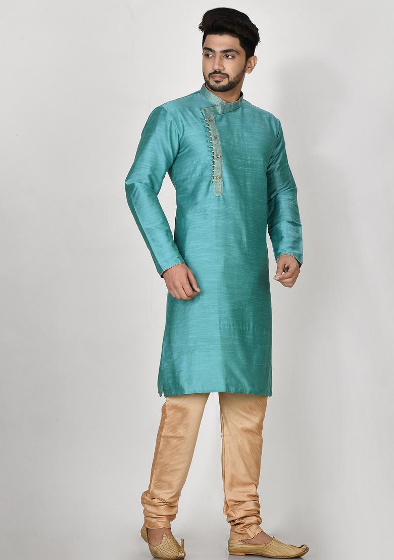 Turquoise Blue Embroidered Cotton Blend Kurta Set For Men