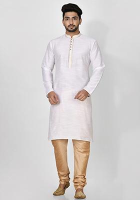 White Embroidered Cotton Blend Kurta Set For Men