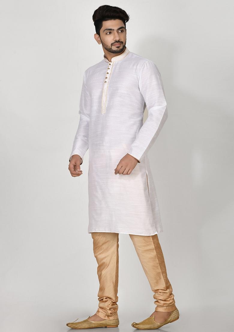 White Embroidered Cotton Blend Kurta Set For Men