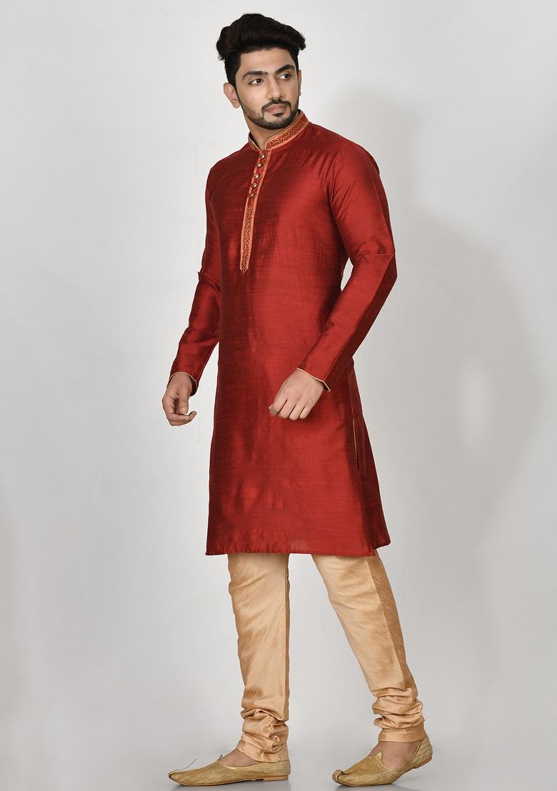 Maroon Embroidered Cotton Blend Kurta Set For Men
