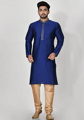 Blue Embroidered Cotton Blend Kurta Set For Men
