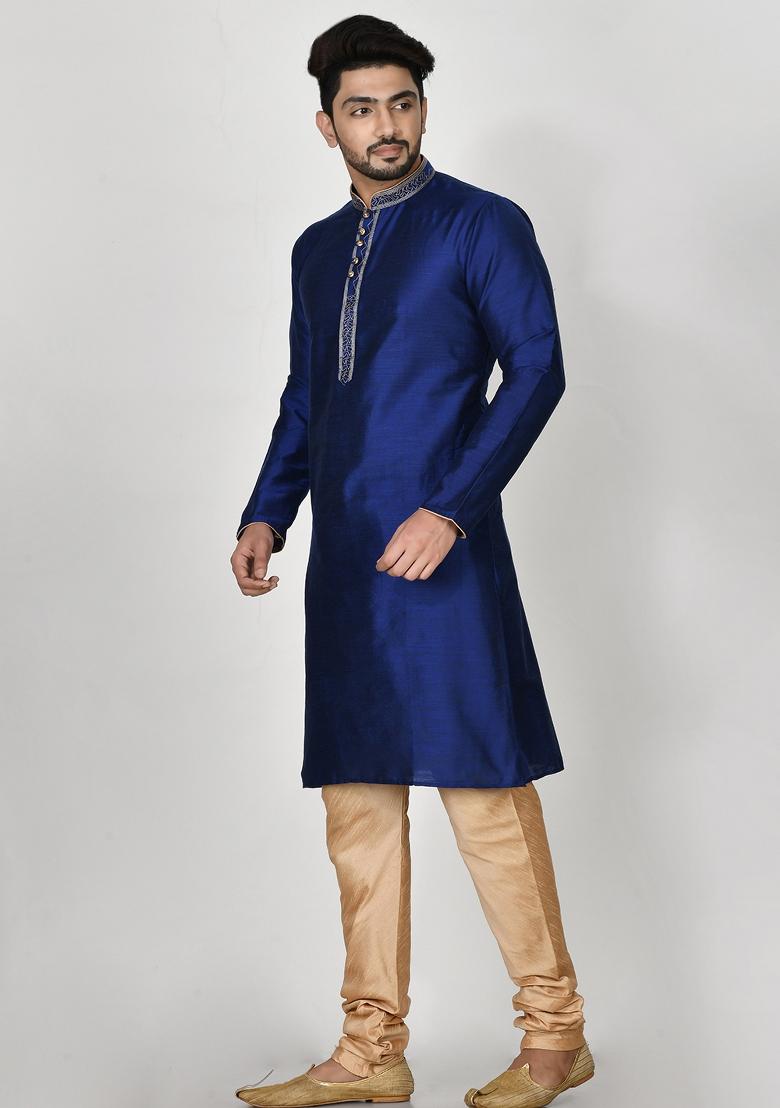 Blue Embroidered Cotton Blend Kurta Set For Men