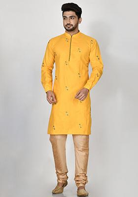 Yellow Embroidered Cotton Kurta Set For Men