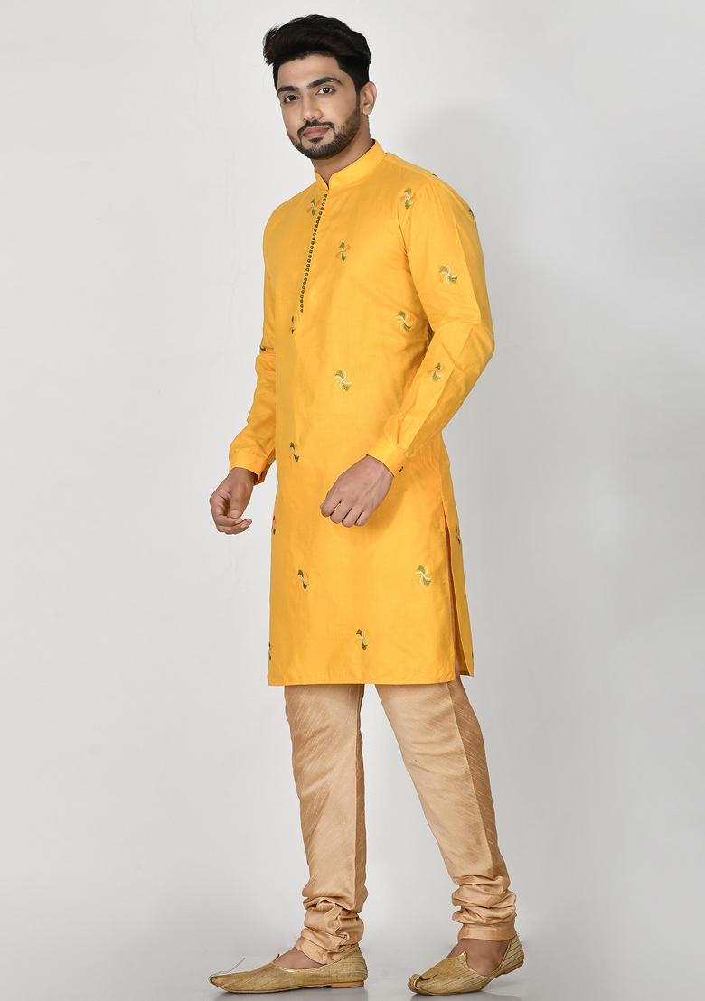 Yellow Embroidered Cotton Kurta Set For Men