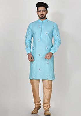 Sky Blue Embroidered Cotton Kurta Set For Men