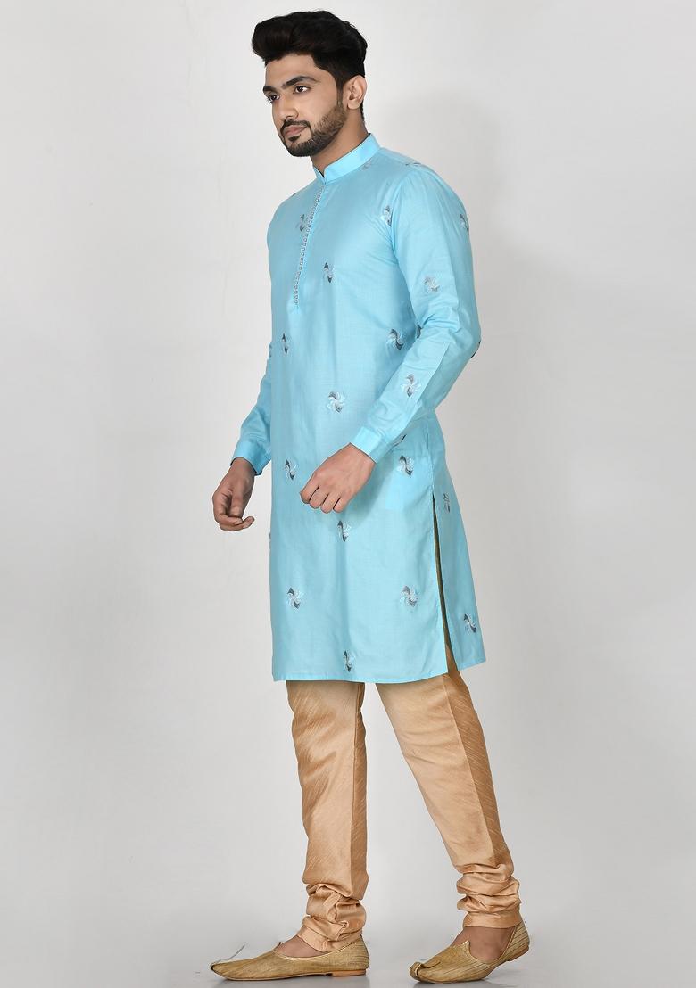 Sky Blue Embroidered Cotton Kurta Set For Men
