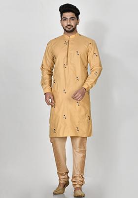 Gold Embroidered Cotton Kurta Set For Men