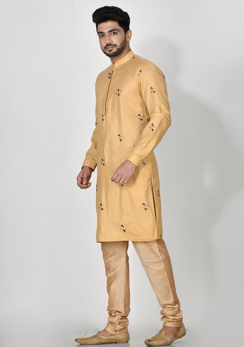 Gold Embroidered Cotton Kurta Set For Men
