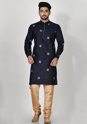 Blue Embroidered Cotton Kurta Set For Men